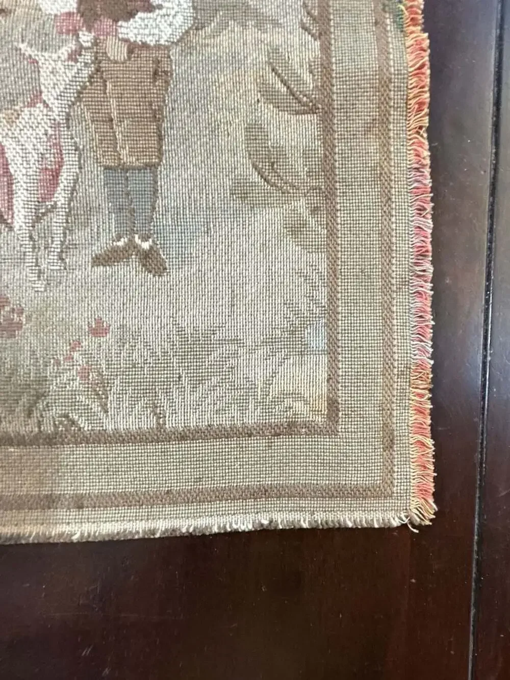 Vintage Gobelin Wall Hanging Tapestry Village Scene with Log Cabin, Dogs